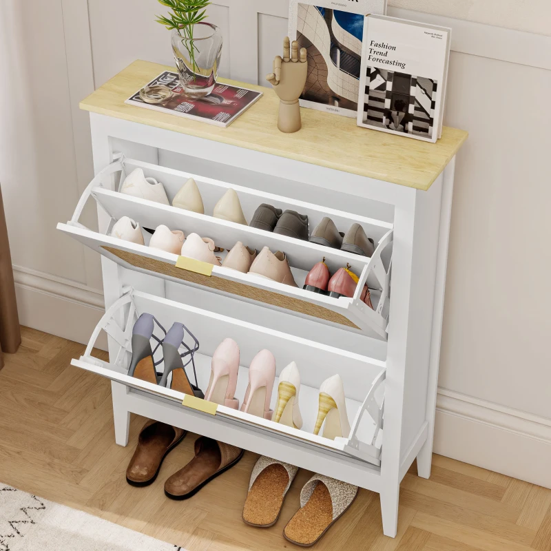 HOMCOM Schmaler Schuhschrank mit 2 Rattan-Türen Verstellbare Regale für 14 Paare Schuhe 80x24x95,5 cm Weiß