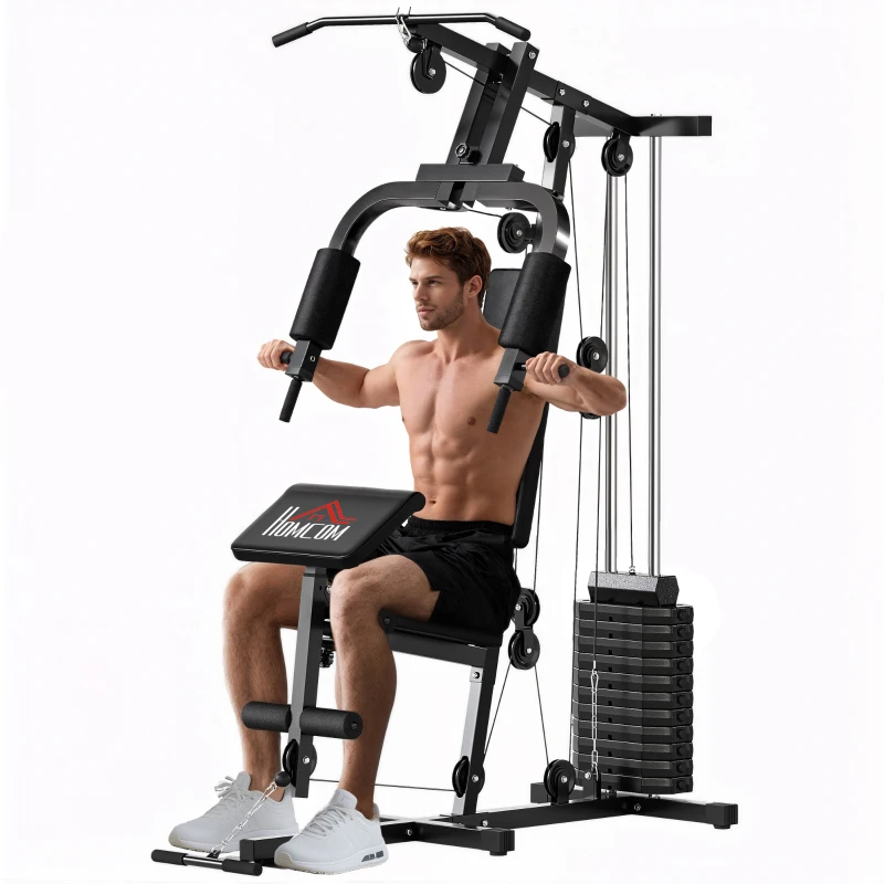 HOMCOM Station de musculation avec barre de traction et butterfly, poulie et extenseur de jambes – 12 poids de 65 kg en tout – appareil de musculation à domicile