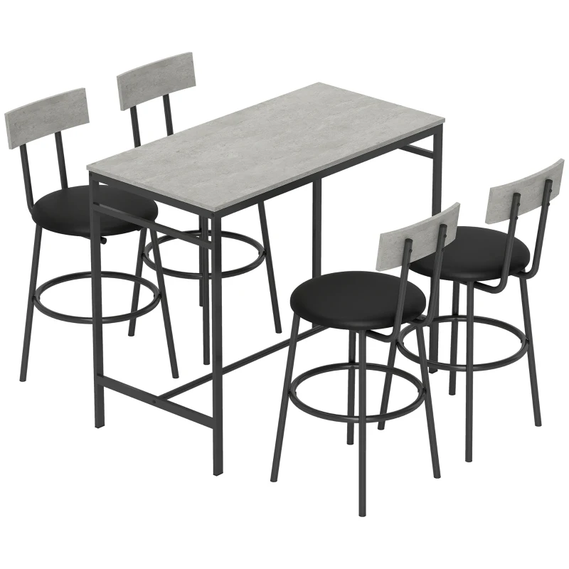 HOMCOM Set Table Haute et 4 Tabourets de Bar avec Dossier et Repose-Pieds en Style Industriel, Gris Ciment