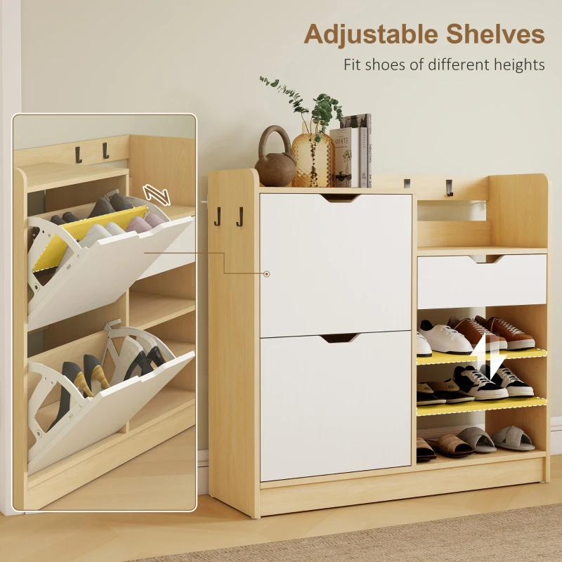 HOMCOM Schoenenrek voor hal, schoenenkast met klapladen, open planken, 4 haken, voor tot 14 paar schoenen, Wit(m-5)
