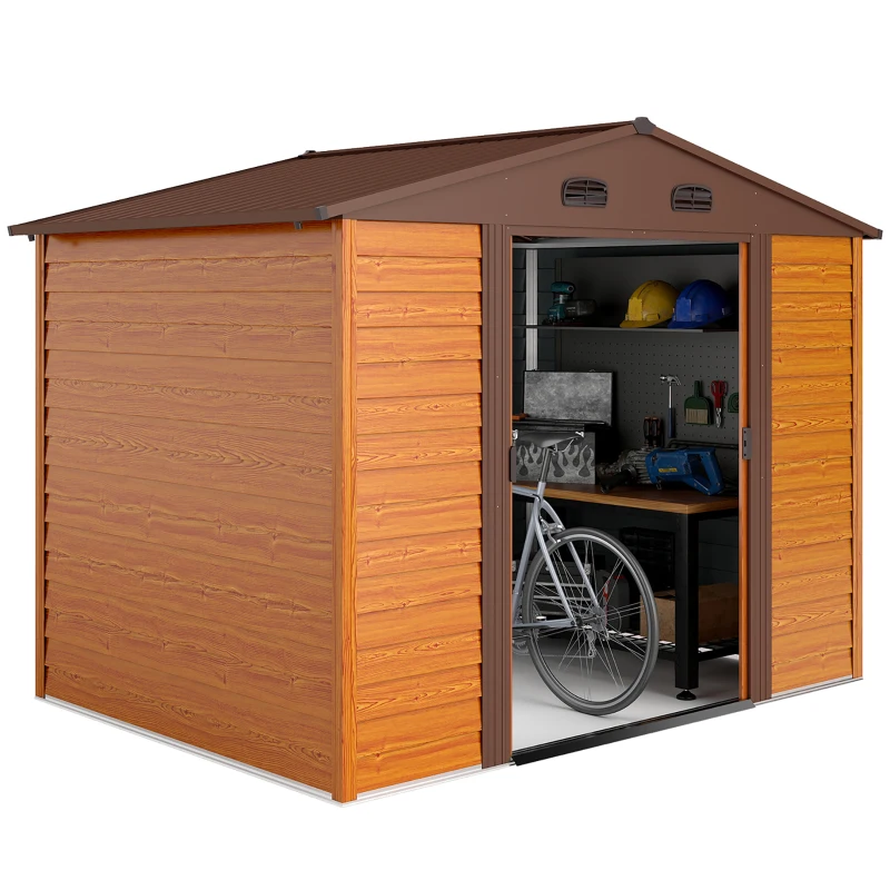 Outsunny 9 x 6ft Metal Garden Shed, House Hut Gardening Tool Storage with Ventilations, Sliding Door, Sloped Roof for Garden, Patio, Brown