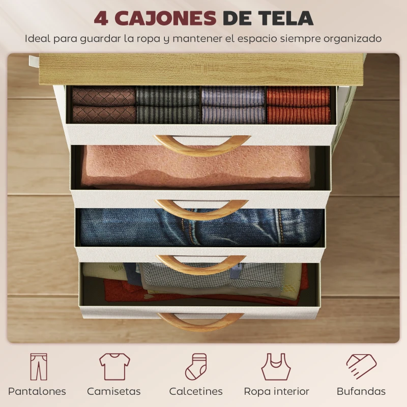HOMCOM Cajonera de Tela Cómoda con 4 Cajones 4 Bolsillos Laterales 2 Ganchos y Estructura de Acero Beige