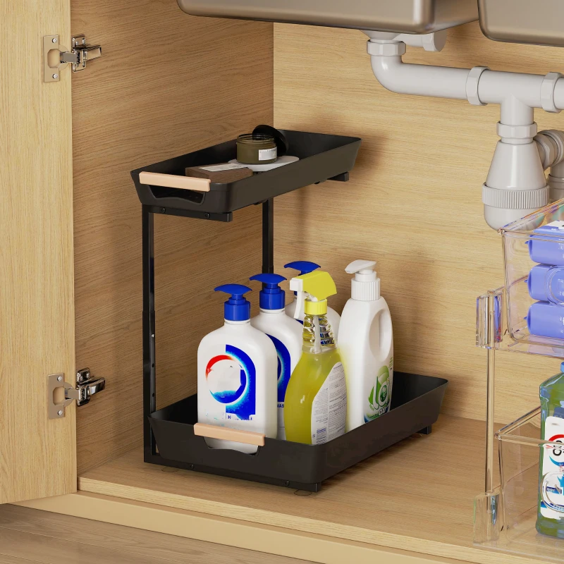 HOMCOM Keukenrek, Verstelbaar Rek met 2 Mandjes, Koffiebar 40 x 30 x 33,5-42 cm