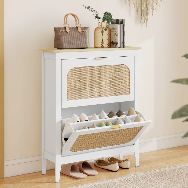 HOMCOM Schmaler Schuhschrank mit 2 Rattan-Türen Verstellbare Regale für 14 Paare Schuhe 80x24x95,5 cm Weiß