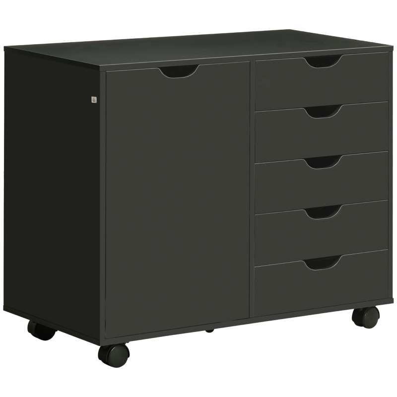 HOMCOM Cajonera de oficina con 5 cajones 1 puerta estante ajustable, soporte para impresora con ruedas, 78x40x66,5 cm, negro