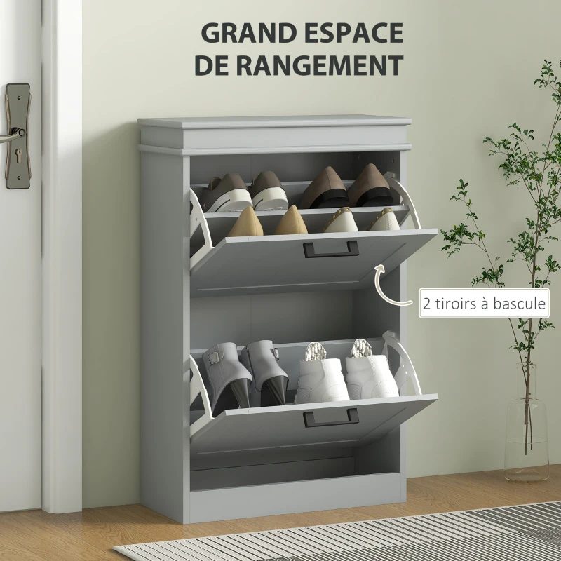 HOMCOM Meuble à chaussures, 2 portes abattants, étagères réglables, pour entrée, couloir, 54 x 24 x 82,5 cm, gris