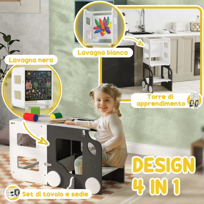 AIYAPLAY Scala Montessori 4 in 1 per Bambini con 2 Lavagne e Set Tavolo e Sedia, in Legno, 58x46x92 cm, Bianco
