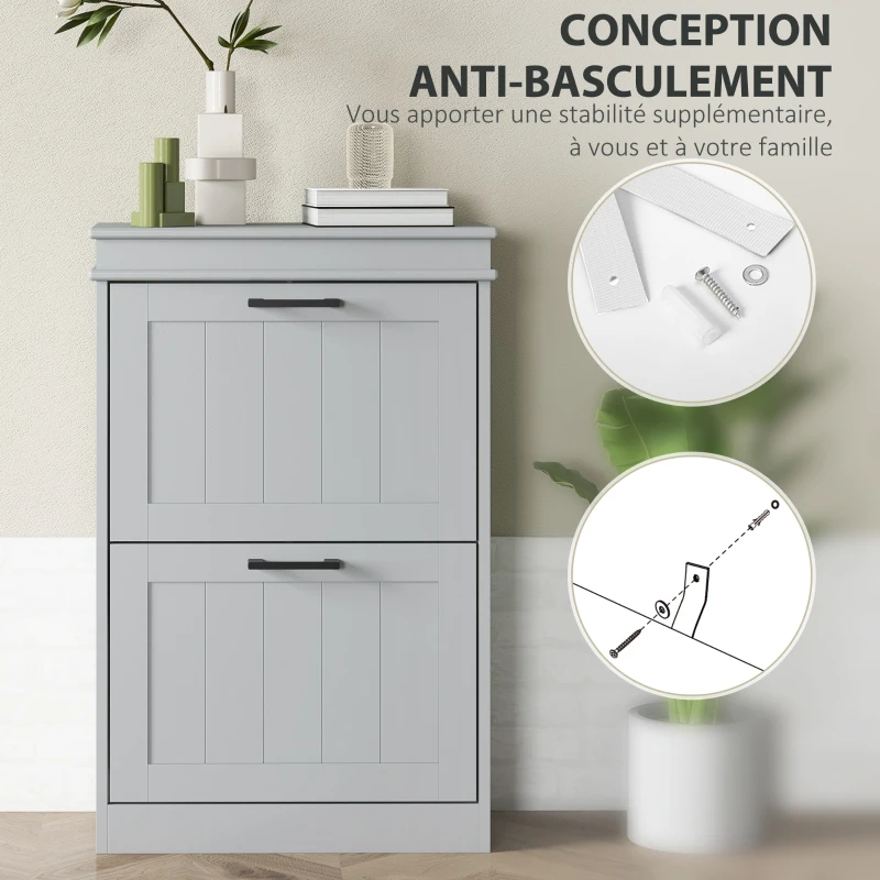 HOMCOM Meuble à chaussures, 2 portes abattants, étagères réglables, pour entrée, couloir, 54 x 24 x 82,5 cm, gris