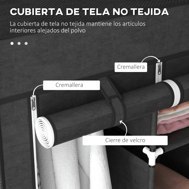 HOMCOM Armario de Tela Plegable Ropero Portátil con 8 Estantes y 2 Barras de Colgar para Dormitorio 125x43x162,5 cm Negro