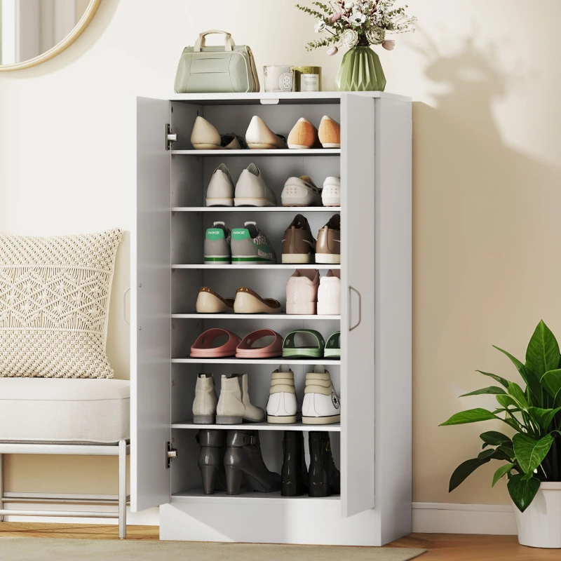 HOMCOM Armoire à Chaussures avec Charnières Soft-Close, Étagères Ajustables, Meuble à Chaussures à 6 Niveaux pour Entrée, Hall d'entrée, pour 14 Paires, 55 x 35 x 108 cm, Panneau de Particules, Blanc(m-4)