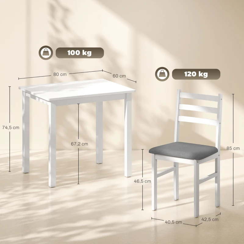 HOMCOM 3-delig Eettafelset met 2 Stoelen, Keukentafel voor compacte ruimtes, Geplofte stoelen, Ruimtebesparend, MDF, Wit(m-3)