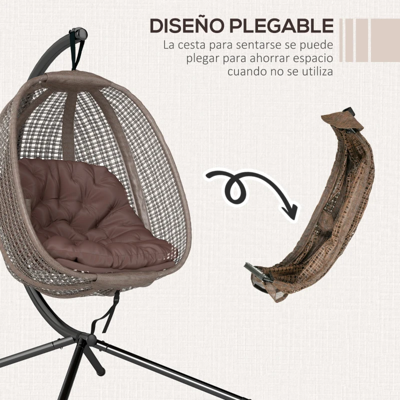 Outsunny Sillón Colgante con Efecto Imitación Ratán Soporte de Acero Cesta Plegable Bolsa de Taza y Cojines Carga 120 kg Café