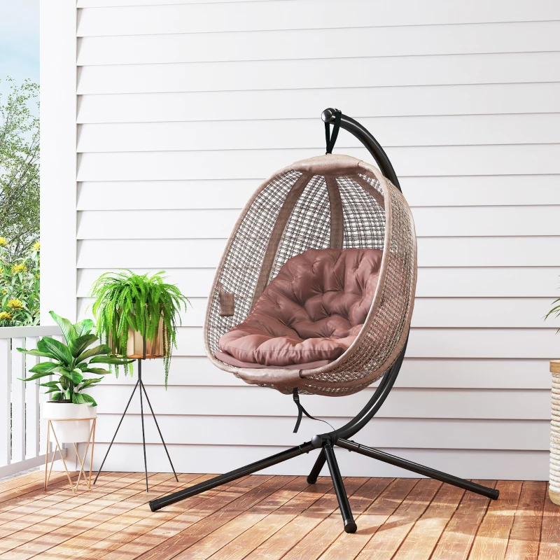 Outsunny Sillón Colgante con Efecto Imitación Ratán Soporte de Acero Cesta Plegable Bolsa de Taza y Cojines Carga 120 kg Café