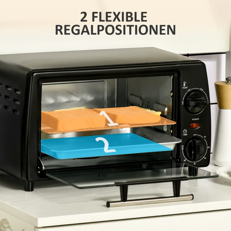 HOMCOM Mini-Ofen Toasterofen, 1 Backblech, 1 Grilrost, 10 L Kapazität, Timer-Funktion, 36.5 cm x 26 cm x 22 cm, Schwarz(m-5)