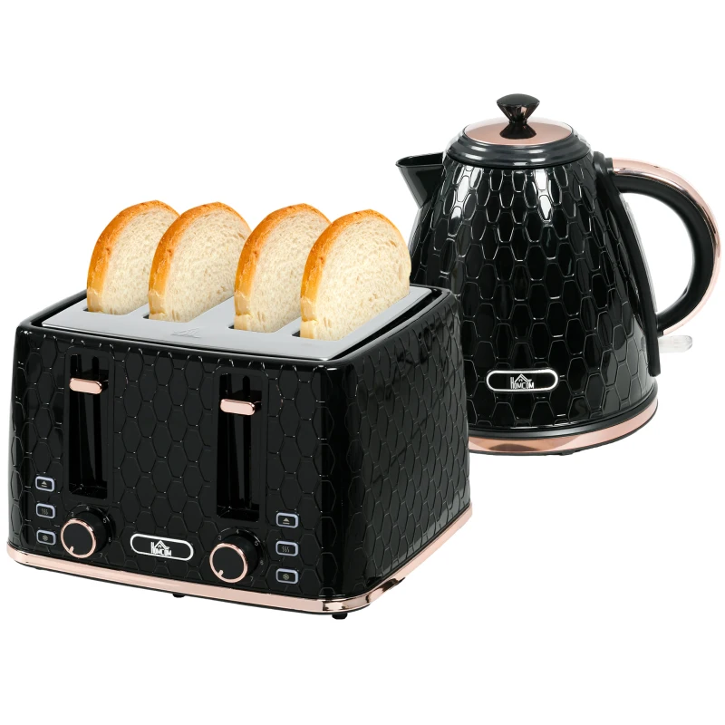 HOMCOM Set Cuisine 2-en-1, Grille-Pain et Bouilloire, plusieurs options, 1,7 L, 4 Tranches de Pain en même temps, Plastique, Noir