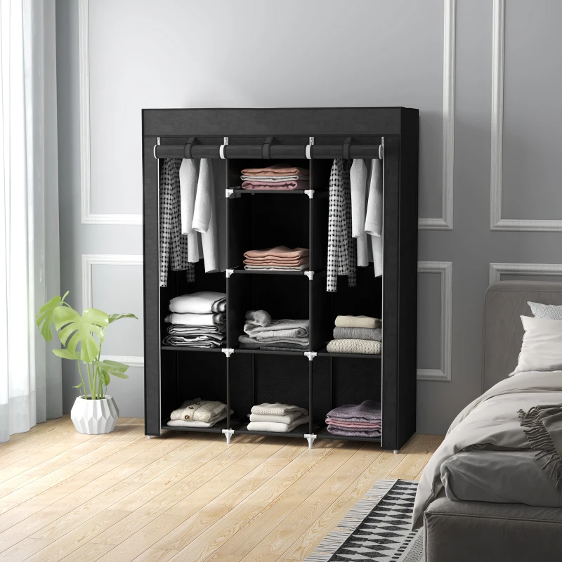 HOMCOM Armario de Tela Plegable Ropero Portátil con 8 Estantes y 2 Barras de Colgar para Dormitorio 125x43x162,5 cm Negro