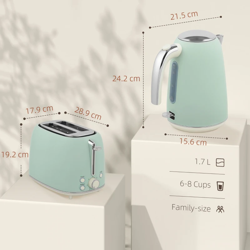 HOMCOM Set bollitore in acciaio inox da 1,7 L e Tostapane a 2 fette, Verde