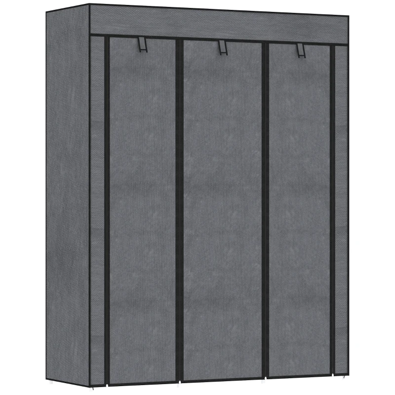HOMCOM Armario de Tela Plegable Ropero Portátil con 8 Estantes y 2 Barras de Colgar para Dormitorio 125x43x162,5 cm Gris