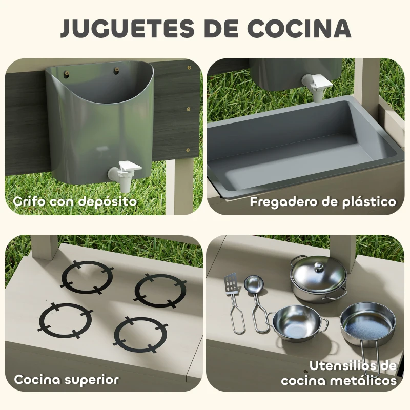 Outsunny Arenero de Madera para Niños con Techo Regulable con Juguetes de Cocina Juego para Niños de 3-7 Años 114x110x110 cm Gris
