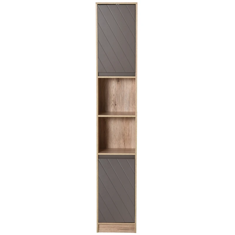 HOMCOM Narrow Bathroom Cabinet, Slim Bathroom Storage Unit with Open Compartment, Freestanding Storage Cupboard with Adjustable Shelves for Small Spaces, 30 x 24 x 170 cm, Grey and Oak