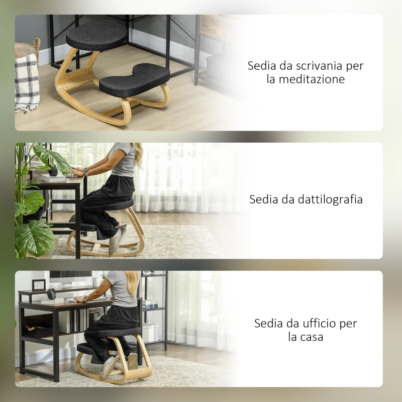 HOMCOM Sedia Inginocchiatoio con Movimento a Dondolo, in Tessuto Effetto Lino e Legno di Betulla, 50x73x55 cm, Nero