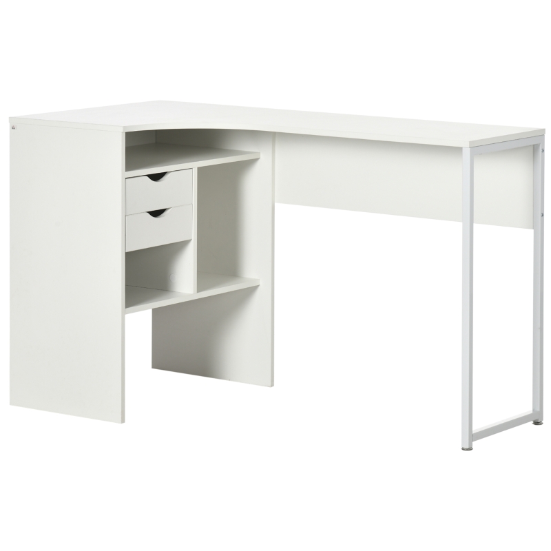 HOMCOM Eckschreibtisch, Computerschreibtisch mit 2 Schubladen und 3 offenen Fächern, 120 x 60 x 74 cm, Weiß