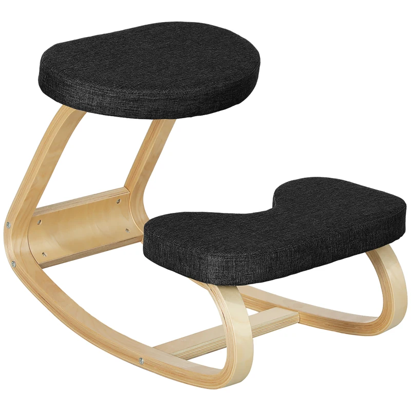 HOMCOM Scaun genunchi ergonomic, din Țesătură cu Aspect de In și Lemn, 50x73x55 cm, Negru