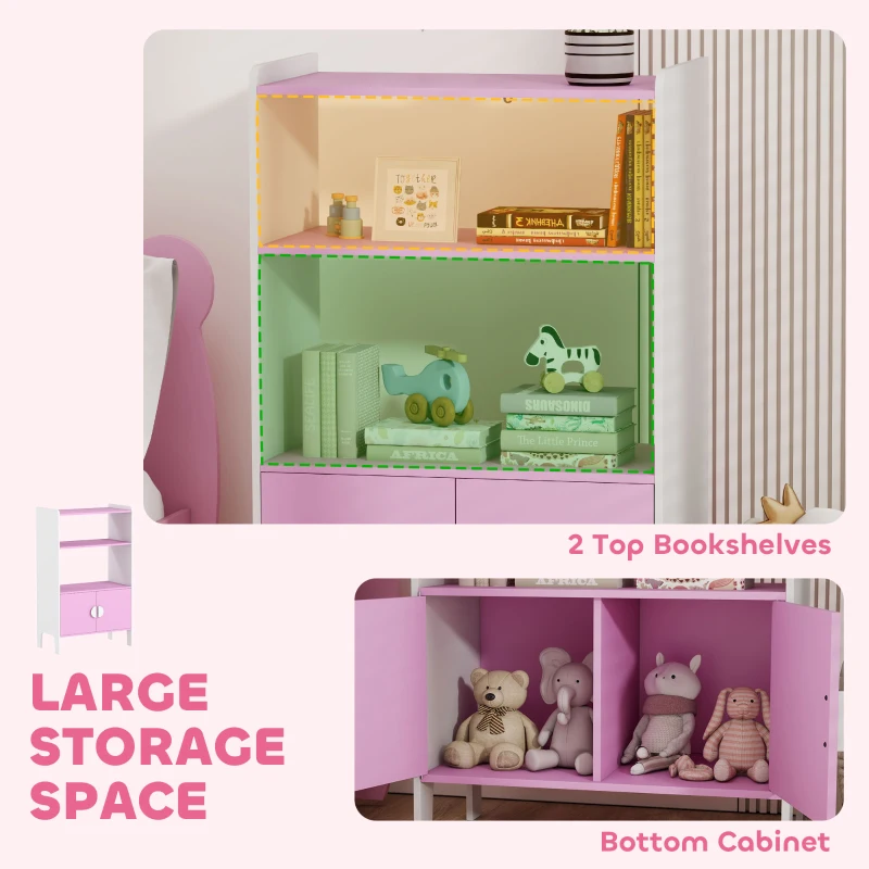 AIYAPLAY Boekenrek voor kinderen, 2 schappen, 2 kasten, vrijstaand, kantelbeveiliging, antislipvoetjes, MDF, Roze+Wit