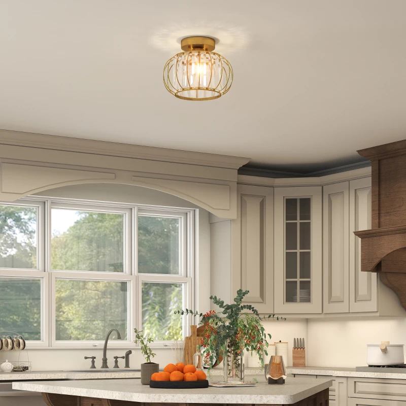 HOMCOM Plafoniera LED Moderna e Minimal a Gabbia con 18 Cristalli, in Metallo Oro, Ø27x19 cm