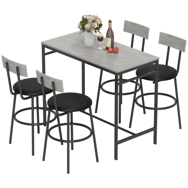 HOMCOM Set Hoher Tisch und 4 Barhocker mit Rückenlehne und Fußstütze im industriellen Stil, Betongrau