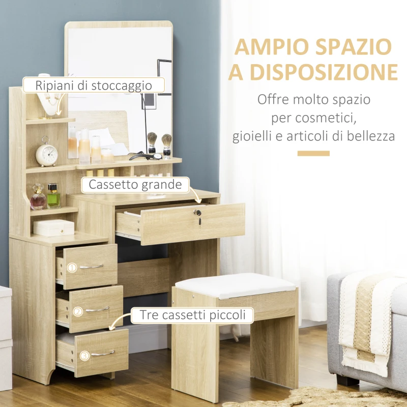 HOMCOM Toeletta da Trucco con Specchio, Tavolo da Trucco, Sgabello, 4 Cassetti e 4 Ripiani, Colore Legno