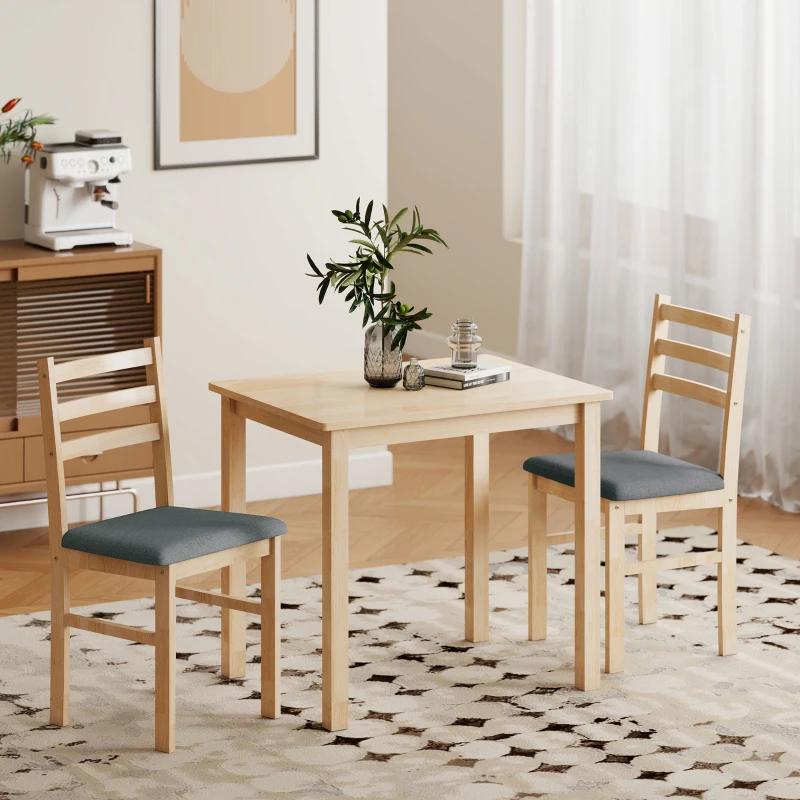 HOMCOM 3-delige Eettafelset met 2 Stoelen, Keukentafel voor Compacte Ruimtes, Gevoerde Stoelen, Ruimtebesparend, MDF, Natuurlijk Hout(m-9)