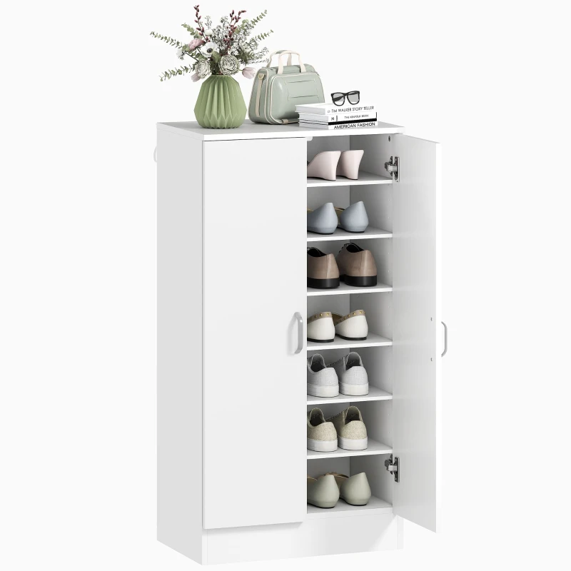HOMCOM Armadietto per Scarpe con Cerniere Soft-Close, Ripiani Regolabili, Scarpiera a Sette Ripiani per Ingresso, 14 Paia, 55 x 35 x 108 cm, Truciolato, Bianco