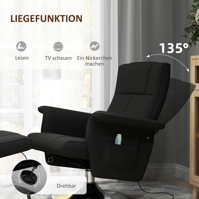 HOMCOM Massagesessel mit Hocker, neigbare Lehne, 78 x 95 x 88 cm, Schwarz(m-5)