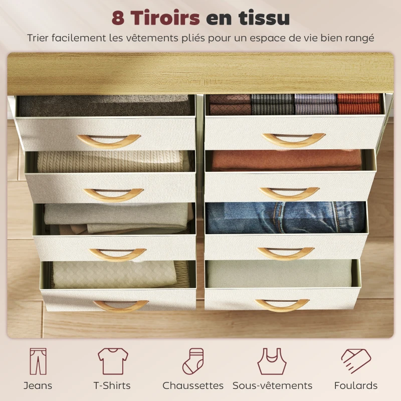 HOMCOM Commode 8 tiroirs en tissu, meuble de rangement avec 4 poches, 2 crochets, structure en acier, 86 x 30 x 94,5 cm, beige