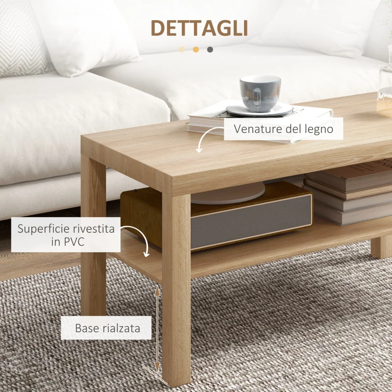 HOMCOM Tavolino da Salotto Rettangolare con Ampio Ripiano, 90×45×44.5 cm, Legno Naturale