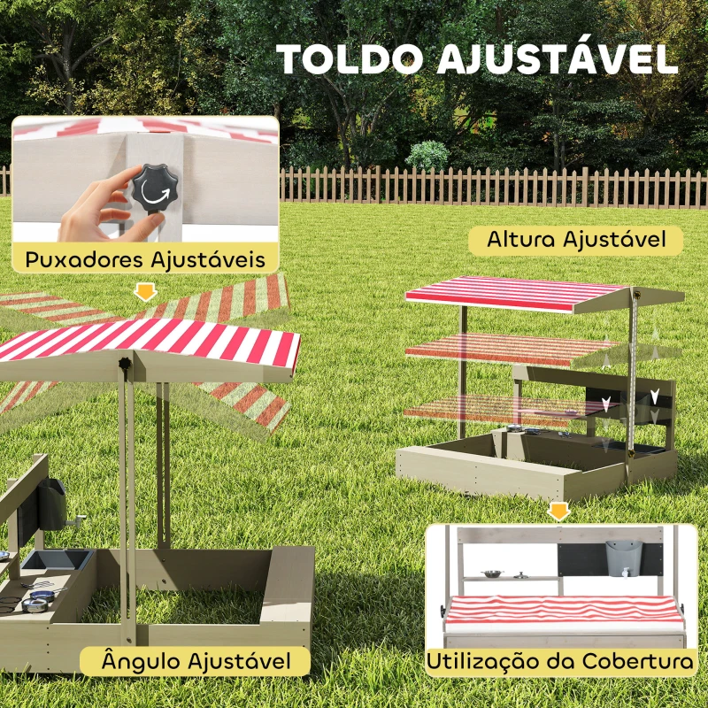Outsunny Caixa de Areia de Madeira para Crianças com Teto Ajustável  Acessórios de Cozinha e Banco  114x110x110 cm Madeira