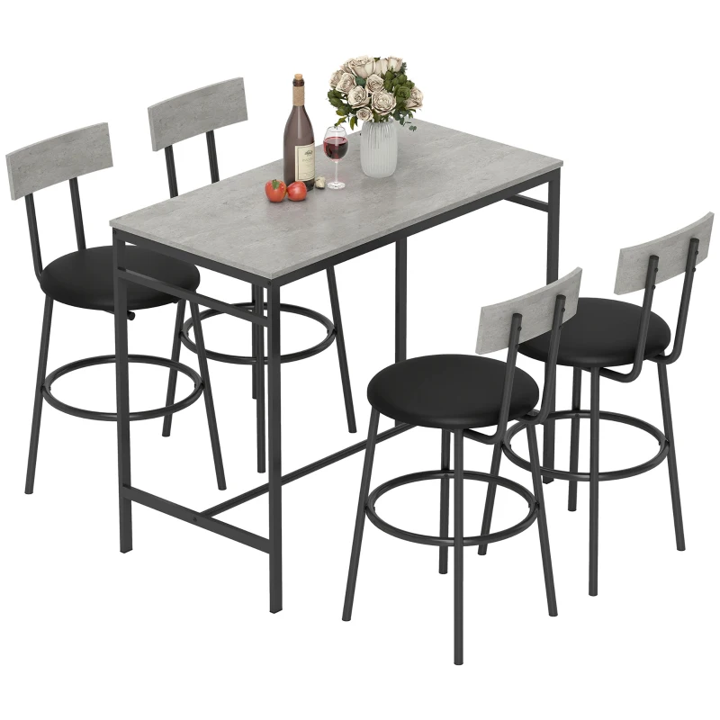 HOMCOM Set Tavolo Alto e 4 Sgabelli da Bar con Schienale e Poggiapiedi in Stile Industriale, Grigio Cemento