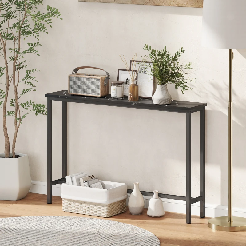 HOMCOM Consola Recibidor Estrecha con Superficie con Efecto Mármol y Marco de Metal 100x20x66 cm Negro
