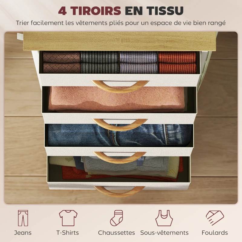 HOMCOM Commode 4 tiroirs en tissu, meuble de rangement avec 4 poches, 2 crochets, structure en acier, 45 x 30 x 94,5 cm, beige