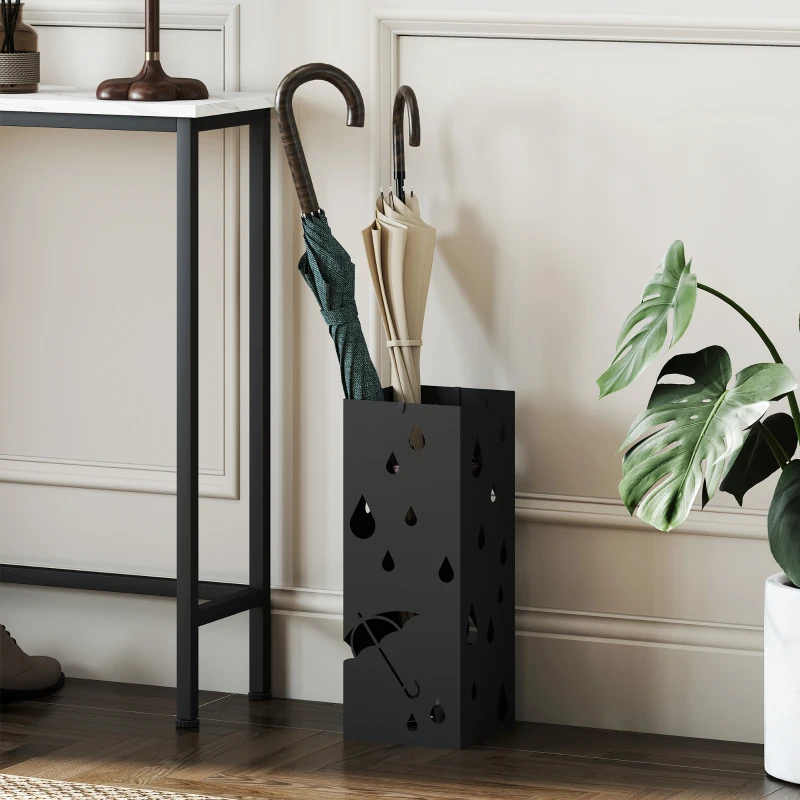 HOMCOM Steel Umbrella Stand, Square Umbrella Holder with 4 Hooks and Removable Drip Tray, Hollowed Umbrella Basket for Hallway, Black