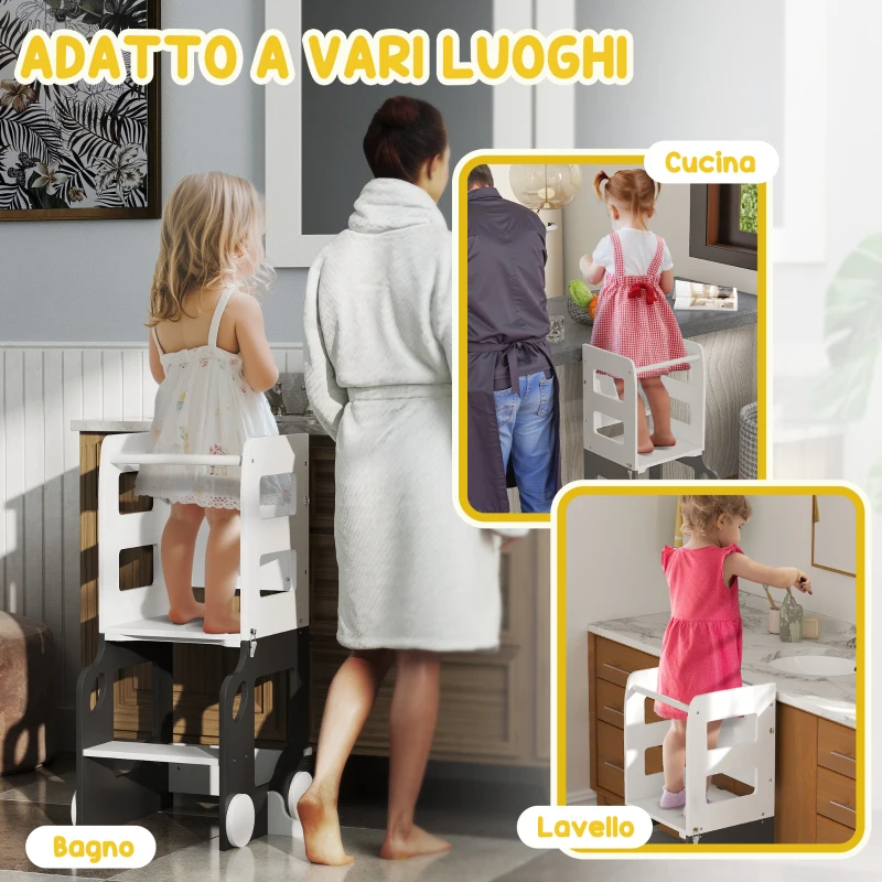 AIYAPLAY Scala Montessori 4 in 1 per Bambini con 2 Lavagne e Set Tavolo e Sedia, in Legno, 58x46x92 cm, Bianco