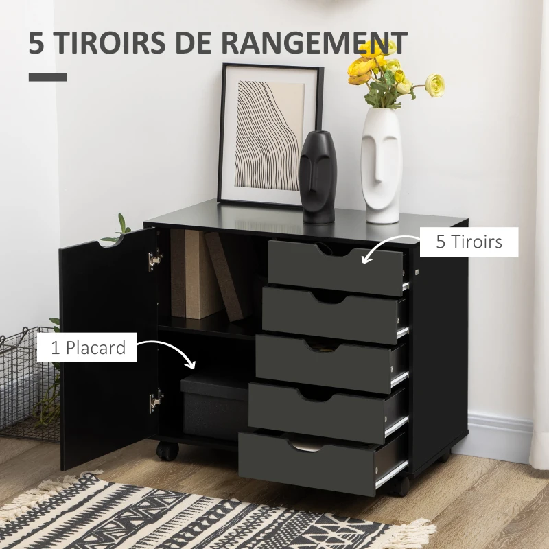 HOMCOM Caisson de bureau avec 5 tiroirs 1 porte étagère réglable, support imprimante sur roulettes, 78x40x66,5 cm, noir