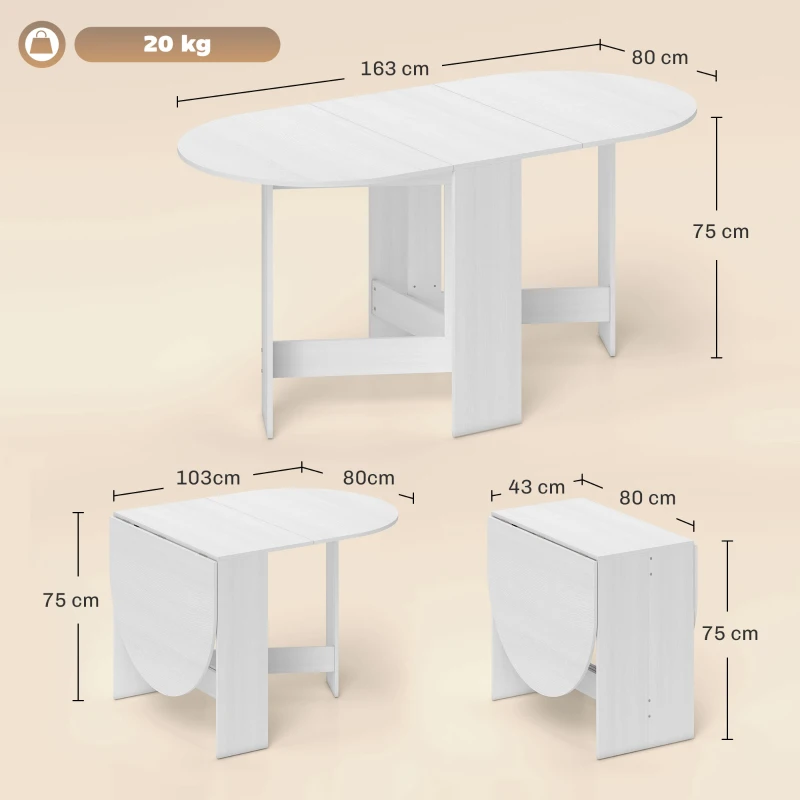 HOMCOM Mesa de Cocina Plegable con Alas Abatibles Mesa Multifuncional de Estilo Moderno de Forma Ovalada 163x80x75 cm Blanco
