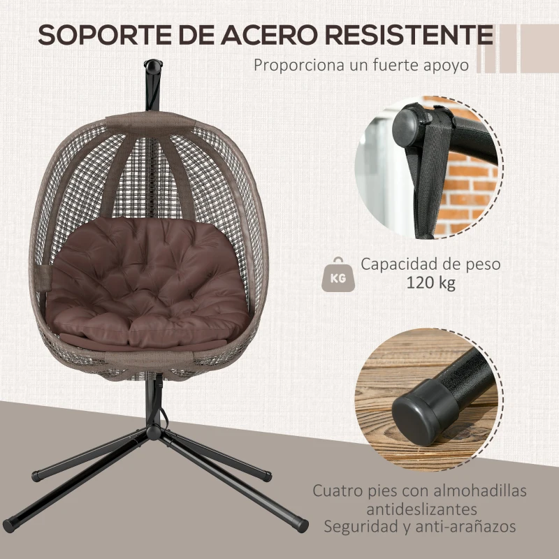 Outsunny Sillón Colgante con Efecto Imitación Ratán Soporte de Acero Cesta Plegable Bolsa de Taza y Cojines Carga 120 kg Café
