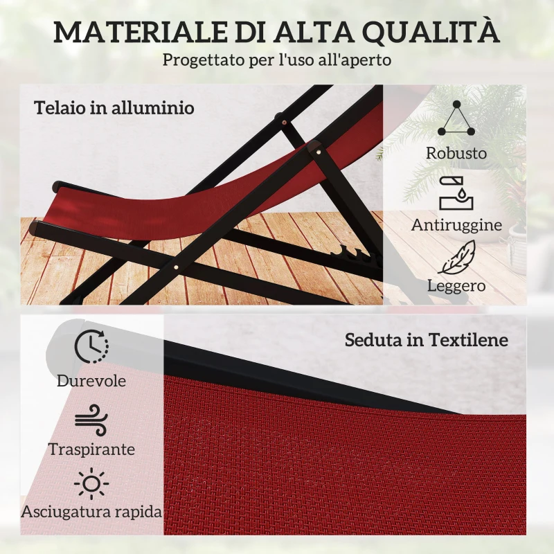 Outsunny Set 2 Sedie Poltrona Sdraio da Esterni, Pieghevoli e Reclinabili, in Alluminio, 96.5x58x91.5 cm, Rosso