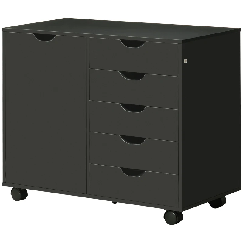 HOMCOM Cajonera de oficina con 5 cajones 1 puerta estante ajustable, soporte para impresora con ruedas, 78x40x66,5 cm, negro
