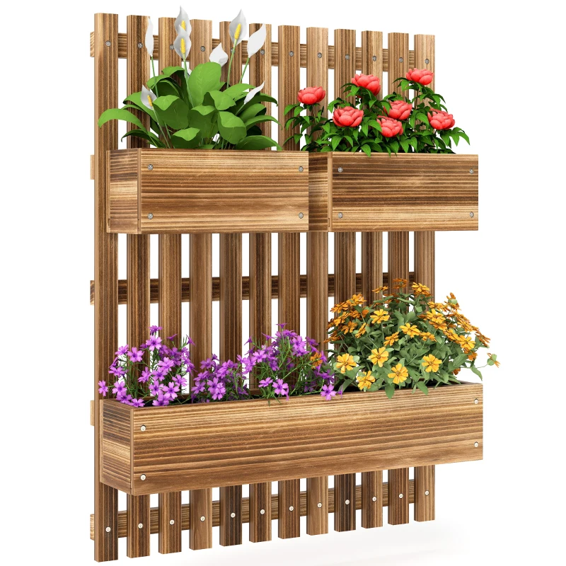 Outsunny Wall-mounted Wooden Garden Planters with Trellis, Drainage Holes and 3 Planter Boxes for Patio, Carbonised