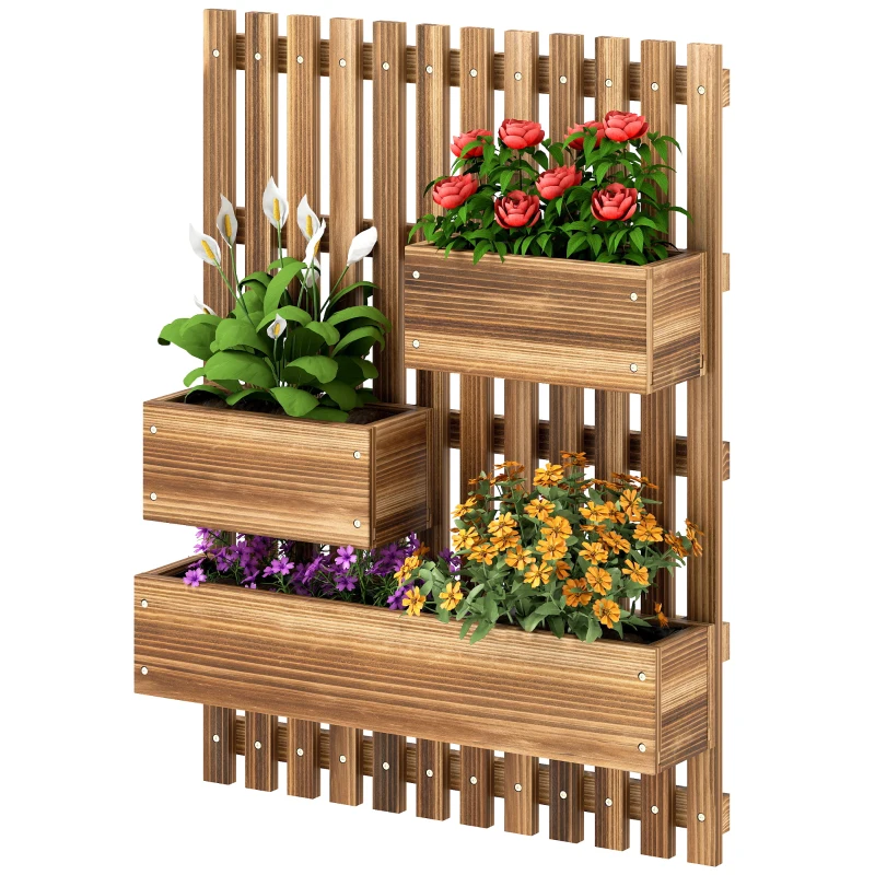Outsunny Wall-mounted Wooden Garden Planters with Trellis, Drainage Holes and 3 Planter Boxes for Patio, Carbonised