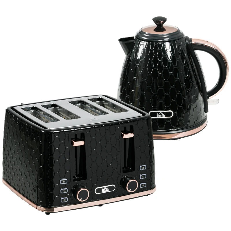HOMCOM Set de Cocina 2 en 1, Tostadora y Hervidor de Agua, múltiples opciones, 1,7 L, 4 rebanadas de tostada al mismo tiempo, Plástico, Negro